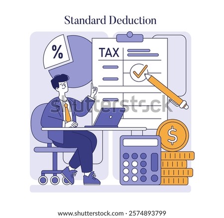 Tax Deduction concept. A person calculating standard tax deductions, with documents, calculator, and coin stack. Efficient tax planning and saving strategy. Vector illustration.