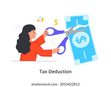 Tax Deduction concept. Woman cuts large dollar bill with scissors. State returns part of taxes to entrepreneur. Financial optimization. Cartoon flat vector illustration isolated on white background