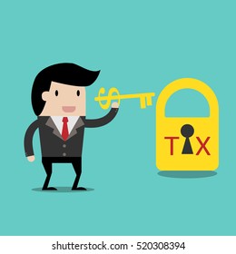  Tax Deduction for investment concept,cartoon businessman with key in his hand to un lock.vector illustration for business design