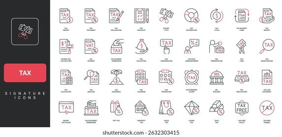 Tax deduction management, budget cuts, form and payroll line icon set. Calculate amount and tax return, taxation of luxury and gift, real estate thin black and red outline symbols vector illustration