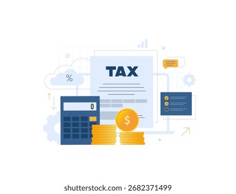 Deducción de impuestos y preparación para el pago exacto. Planificación financiera Corporativa, cálculo de ingresos imponibles y estrategia efectiva de reducción de impuestos para empresas y ahorros individuales. Ilustración vectorial plana