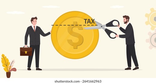 Tax deduction or reduction concept, unhappy businessman holds money, salary, metaphor for paying taxes. Banker or Official uses scissors and cut part of golden coin. Local or state taxes. flat vector