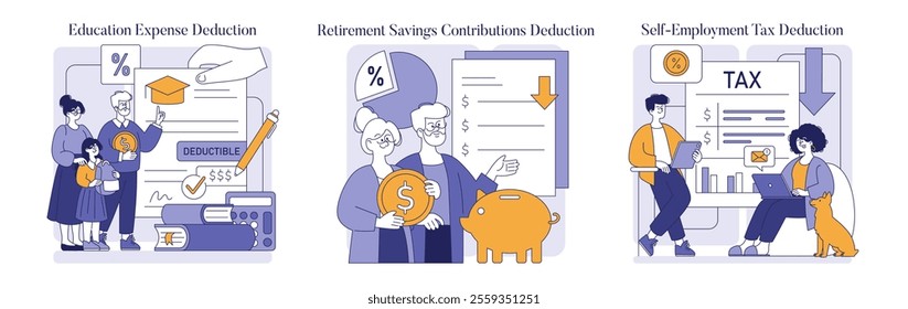 Tax Deduction Set. Illustrates education, retirement savings, and self-employment tax deductions with characters in relatable scenarios. Vector illustration.