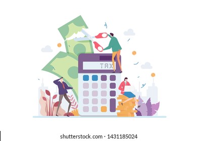 Tax Deduction Vector Illustration Concept Showing Businessman Cutting Tax Using A Scissors, Suitable for landing page, ui, web, app intro card, editorial, flyer, and banner.