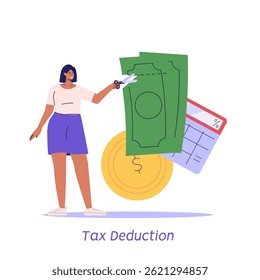 Tax Deduction. Woman pay taxes with calculator. Financial administration service. Set of financial management, debt, duty, audit and accounting. Vector illustration for UI, banner