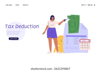 Dedução de Imposto. Mulher paga impostos com calculadora. Serviço de administração financeira. Conjunto de gestão financeira, dívida, deveres, auditoria e contabilidade. Ilustração vetorial para interface do usuário, faixa
