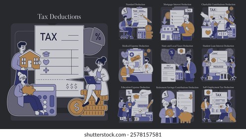Tax Deductions concept. An educational overview of various tax deduction types with characters examining finances. Savings, home, education, and healthcare deductions. Vector illustration.