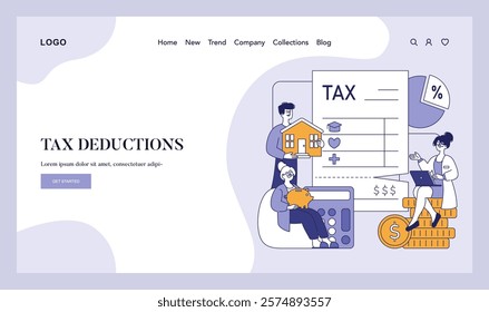 Tax Deductions concept. Individuals explore various deductible expenses leading to potential tax savings. Vector illustration.