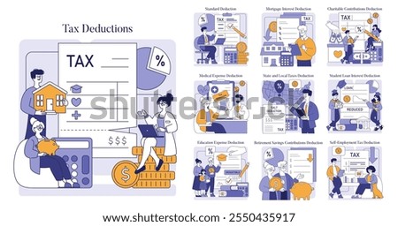 Tax Deductions concept. An informative guide to various tax savings such as standard, medical, and education deductions. Vector illustration.