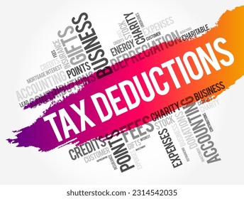 Tax Deductions - items you can subtract from your taxable income to lower the amount of taxes, word cloud concept background