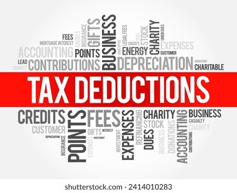 Tax Deductions - items you can subtract from your taxable income to lower the amount of taxes, word cloud concept background