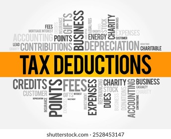 Tax Deductions - items you can subtract from your taxable income to lower the amount of taxes, word cloud concept background