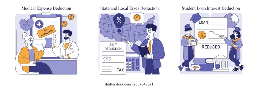 Tax Deductions set. Explaining medical, state tax, and student loan deductions. Patients, accountant and graduate analyzing finances. Vector illustration.