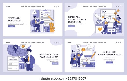 Tax Deductions set. Exploring various tax write-off concepts with individuals and families. Standard, charitable, state, and education deductions. Vector illustration.