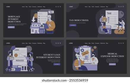 Tax Deductions set. Informative web banners depicting different types of personal tax deductions. Mortgage, student loan, medical expenses illustrated. Vector illustration.