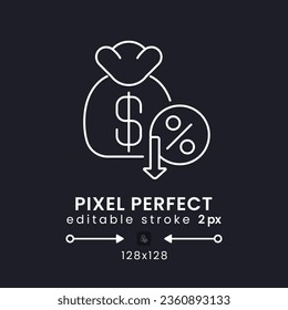 Tax Deductions white linear desktop icon on black. Self employment. Cost-saving benefits. Pixel perfect 128x128, outline 2px. Isolated user interface symbol for dark theme. Editable stroke
