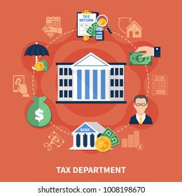 Tax Department Round Composition On Red Background With Office Building, Bank, Financial Advisor, Reports, Money Vector Illustration