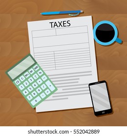 Tax design flat. Finance paperwork accounting and calculate income. Vector illustration