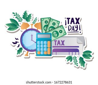 Tax document calculator bills and clock of financial accounting form revenue finance government income taxation refund and paying theme Vector illustration