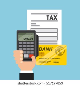 tax document with calculator device and bank card over blue background. tax design. vector illustration