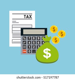 tax document with calculator device and gold coins over blue background. tax time design. vector illustration