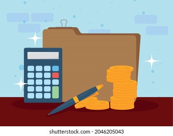 Tax document coins pen and calculator on blue background