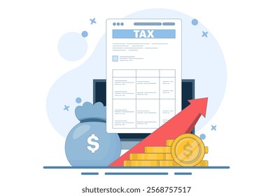 Tax Document Concept with Stack of Gold Coins. Taxable Income Concept Design that is Increasing. taxation, tax form or paper legal document, Business and finance flat design illustration.