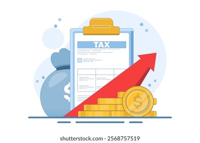 Tax Document Concept with Stack of Gold Coins. Taxable Income Concept Design that is Increasing. taxation, tax form or paper legal document, Business and finance flat design illustration.