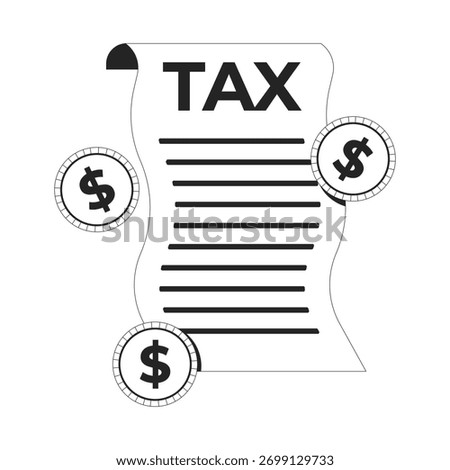 Tax document with dollar coins 2D line object. Taxation form. Financial obligations. Income statement, expenses tax return isolated clipart vector ink outline item. Monochrome spot illustration