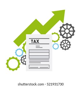 tax document with green up arrow and colorful gears over blue background. tax design. vector illustration