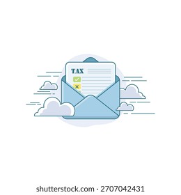 Steuerdokumentdarstellung in einem offenen Umschlag mit Cloud-Elementen