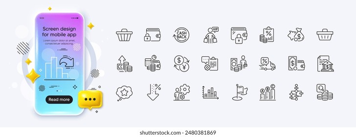 Tax document, Job and Delivery discount line icons for web app. Phone mockup gradient screen. Pack of Block diagram, Wallet money, Shopping basket pictogram icons. Vector