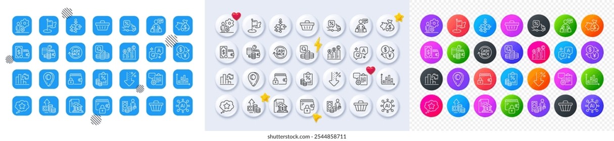 Tax document, Job and Delivery discount line icons. Square, Gradient, Pin 3d buttons. AI, QA and map pin icons. Pack of Block diagram, Wallet money, Shopping basket icon. Vector