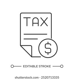 Ícone linear do documento de imposto. Ficha financeira. Formulário de imposto e cifrão. Fatura, faturamento. Gestão financeira. Ilustração em linha fina. Símbolo de contorno. Desenho de contorno de vetor. Traçado editável