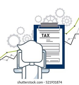 tax document and man in a laptop over white background. tax time concept. colorful design. vector illustration