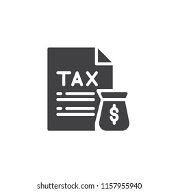 Tax document and money bag vector icon. filled flat sign for mobile concept and web design. Taxes pay simple solid icon. Symbol, logo illustration. Pixel perfect vector graphics