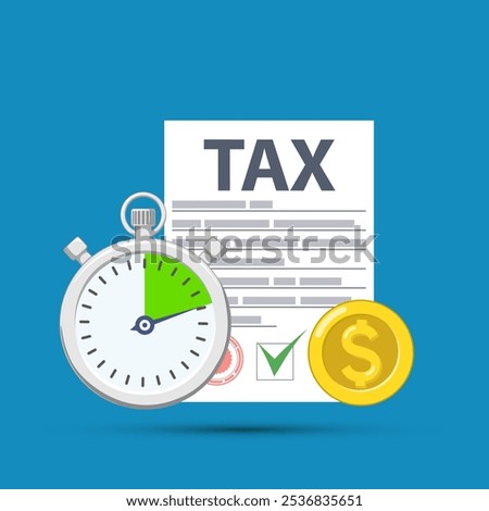 Tax document next to dollar coin and watch. Stock vector illustration