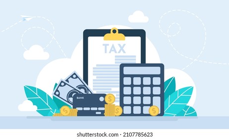 Tax. Document of payment. Check, contract. Budget planning calculator, bill payment abstract metaphor, tax credit, bank account. Flat illustration. Abstract business concept vector illustration set.