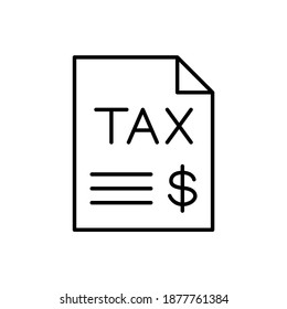 Documento de impuestos, símbolo de icono de informe de impuestos en estilo de línea negra plana, aislado en fondo blanco