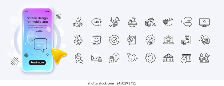 Tax document, Teamwork and Notification cart line icons for web app. Phone mockup gradient screen. Pack of Inspect, 24h service, Hot loan pictogram icons. Vector