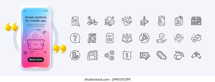 Tax documents, Coffeepot and Fireworks line icons for web app. Phone mockup gradient screen. Pack of Insurance hand, Prohibit food, Question mark pictogram icons. Vector