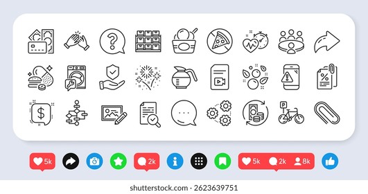 Documentos de impostos, pacote de ícones de linha Coffeepot e Fireworks. Redes sociais: compartilhe, comente, como ícones. Seguro mão, Proibir comida, Interrogação ícone web. Vetor