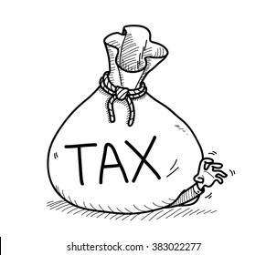 Tax Doodle, a hand drawn vector doodle illustration of a businessman in trouble from an overwhelming tax bill.