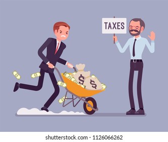 Tax evasion attempt. Young man try to commit crime of not paying the full amount of taxes, running away with money. Vector flat style cartoon illustration. Business and marketing management concept