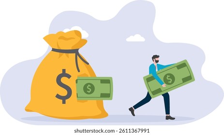 Tax evasion, financial crime, bank or savings security, merchants stealing part of the money from inside a large broken money bag
