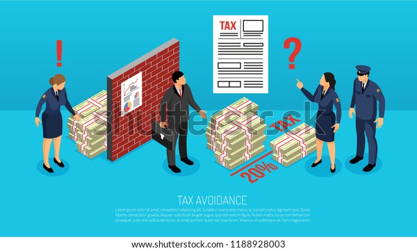 Tax evasion horizontal isometric\
composition with inspectors finding illegally intentionally avoided\
contributions by business manager vector illustration\
