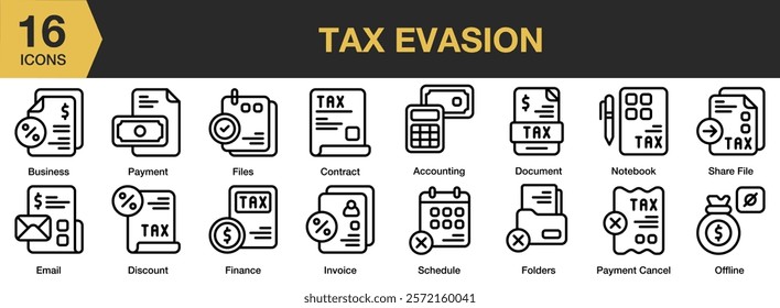 Tax Evasion icon set. Includes money, evasion, financial, business, fraud, tax, and More. Outline icons vector collection.