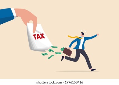 Tax evasion, illegal hide revenue and avoid paying government tax, fraud and money laundering or financial crime concept, frustrated businessman run away with full of money banknotes from tax bills.