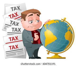 Tax evasion. Sad man looking for a place on the globe. Cartoon styled vector illustration. Elements is grouped and divided into layers for easy edit. 