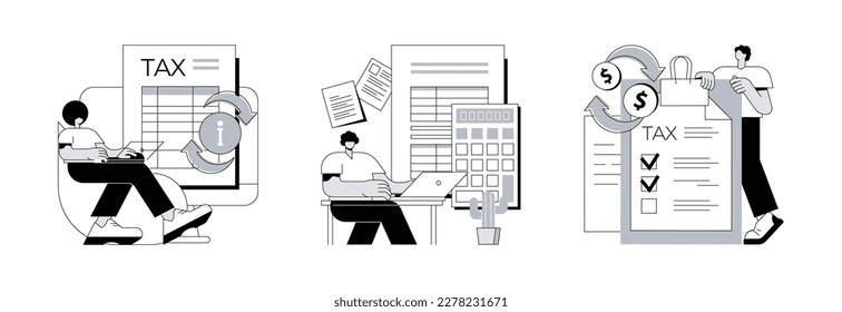 Tax filing abstract concept vector illustration set. Provide and update your personal information, report your income, claim documents, tax credits and expenses, financial report abstract metaphor.